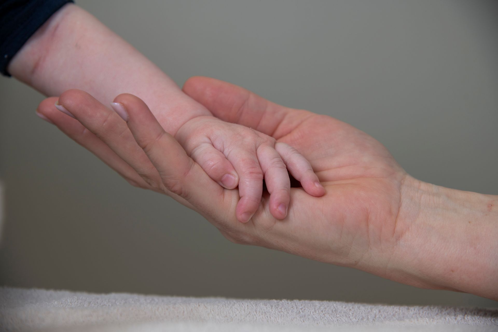 En foreldres hånd vugger forsiktig en liten babys hånd i et nærbilde mot en myk, nøytral bakgrunn.