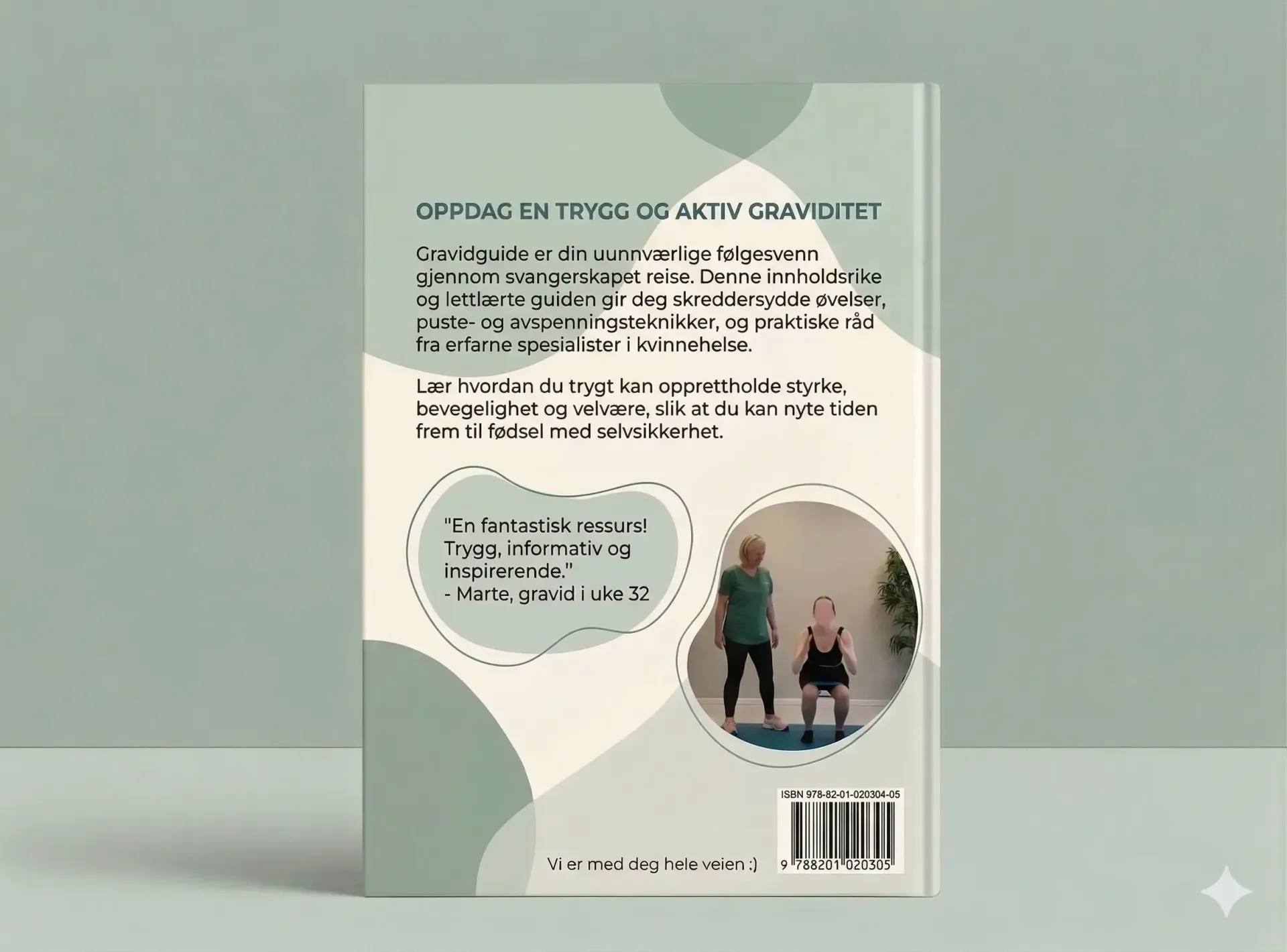 Bakomslaget til en bok med tittelen «Oppdag en trygg og aktiv graviditet» med tekst, et rundt bilde av to personer som trener og en strekkode.