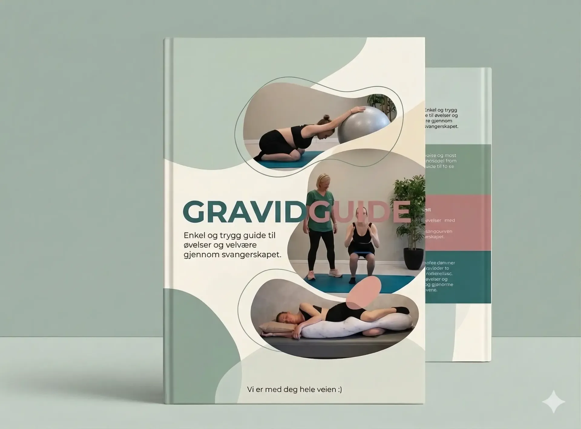 Et bokomslag med tittelen «GRAVID GUIDE» viser bilder av treningspositurer for gravide mot en dempet grønn og brun bakgrunn.