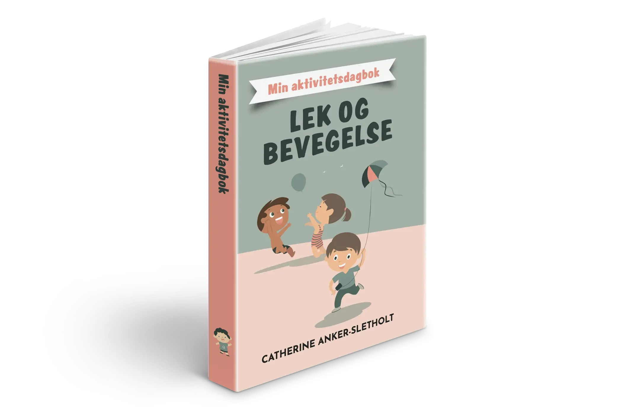 En bok med tittelen «Lek og bevegelse» har en tegneserieillustrasjon av barn som leker med en ball på en tofarget bakgrunn.