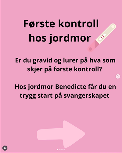 En rosa reklamegrafikk for jordmortjenester, med tekst om en første svangerskapskontroll og et ikon for en graviditetstest.