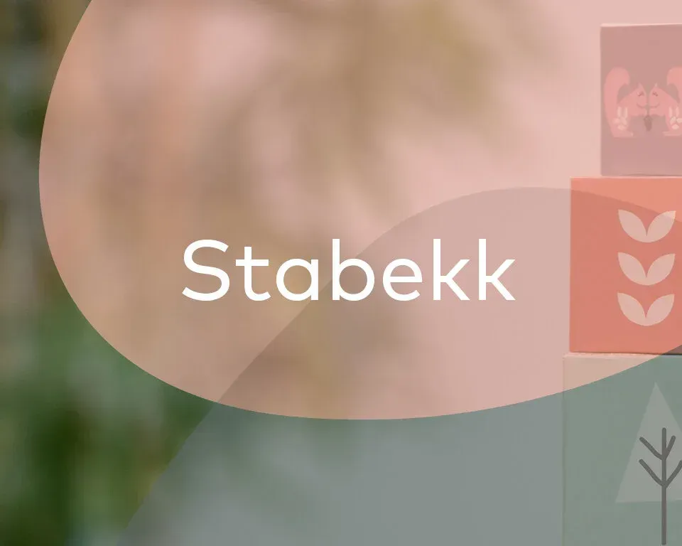 Ordet «Stabekk» i hvit tekst over en myk, abstrakt laksefarget form, med stiliserte blokker til høyre.