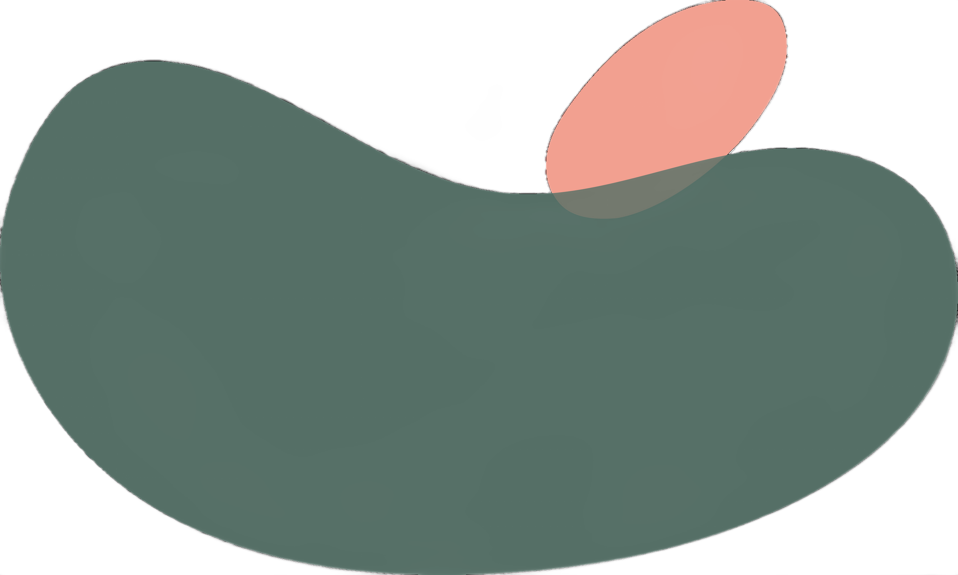 En mørkegrønn, bønneformet klump delvis overlappet av en mindre, skråstilt lys ferskenfarget oval.