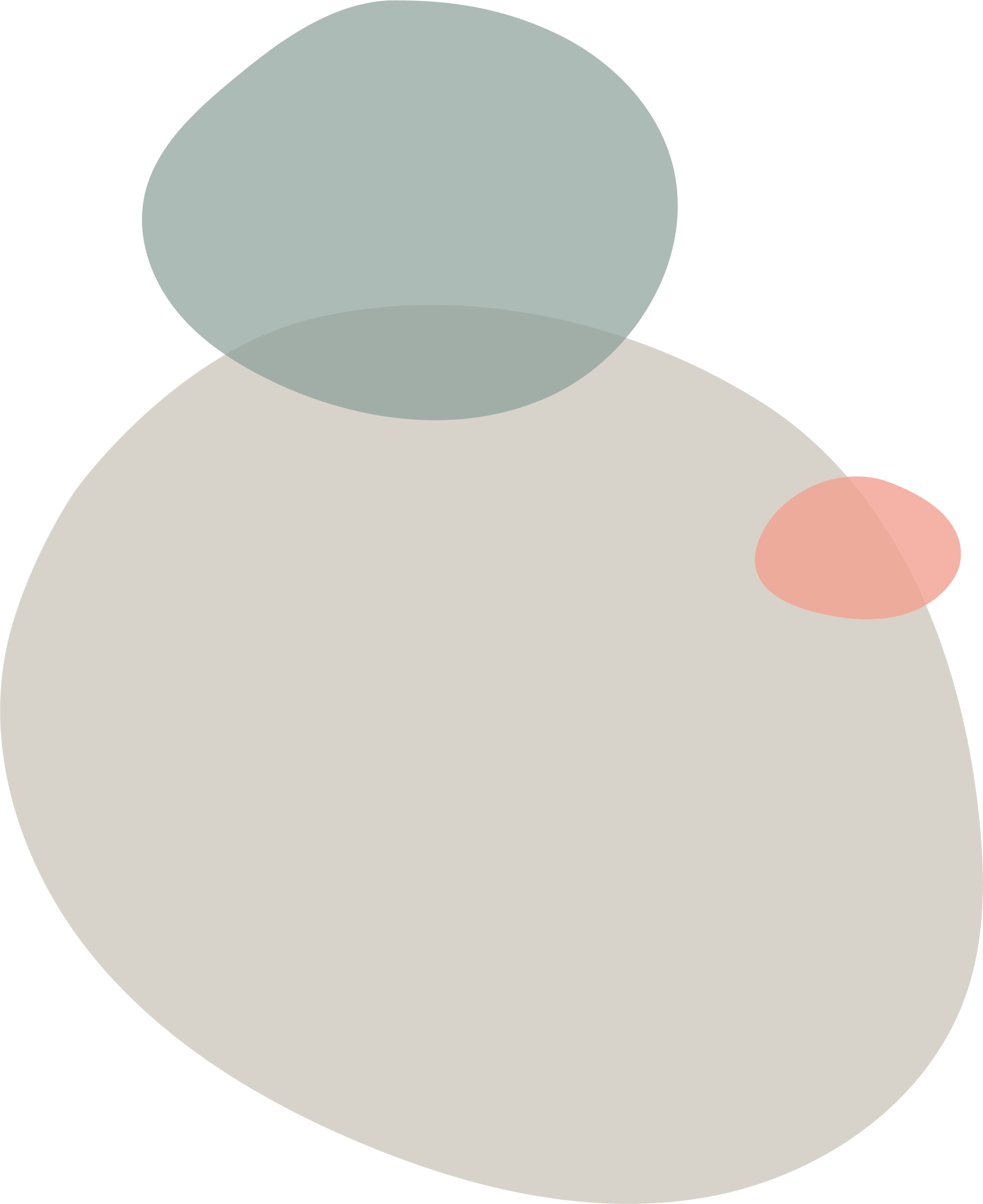 Abstrakt komposisjon med en stor beige form, en mindre blågrå sirkel som overlapper den, og en liten korallsirkel på siden.