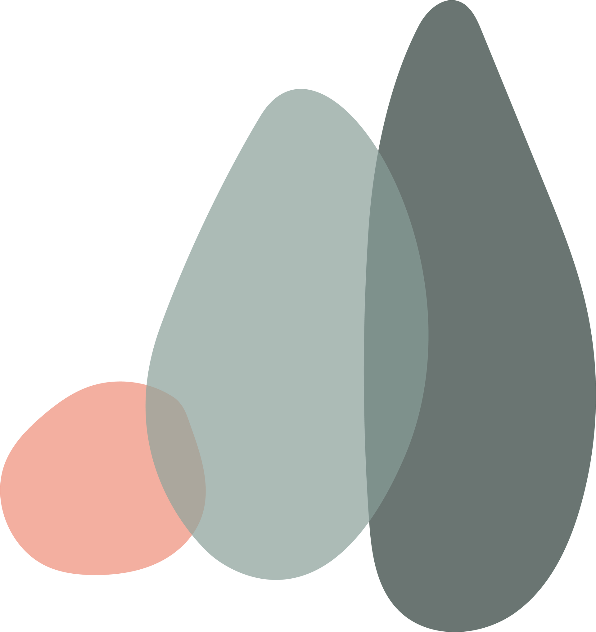 Abstrakt komposisjon med en overlappende lyseblå dråpeform, en mørkegrå dråpeform og en liten rosa sirkel.