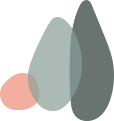 En abstrakt grafikk av tre overlappende organiske former i nyanser av lakserosa, lyseblågrå og mørk skoggrønn.