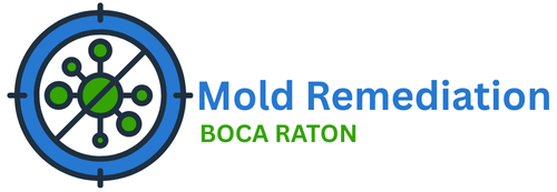 The Mold Remediation Boca Raton logo, signified by a blue circle and cross out over a green image representing mold.