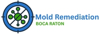 The Mold Remediation Boca Raton logo, signified by a blue circle and cross out over a green image representing mold.