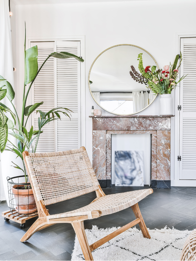 An image of a clean, mold-free living room with chair, plants, and mirror.