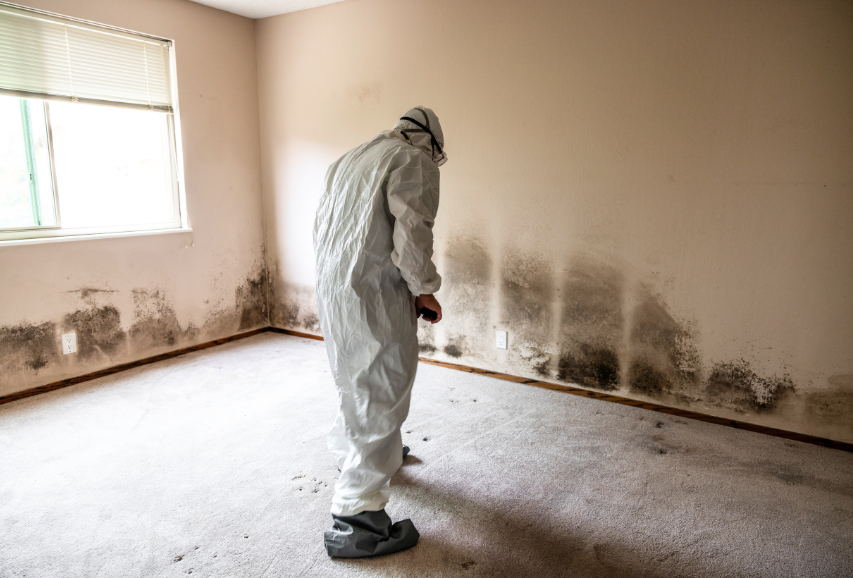 An image of a professional in protective gear completing mold remediation in a home with black mold.
