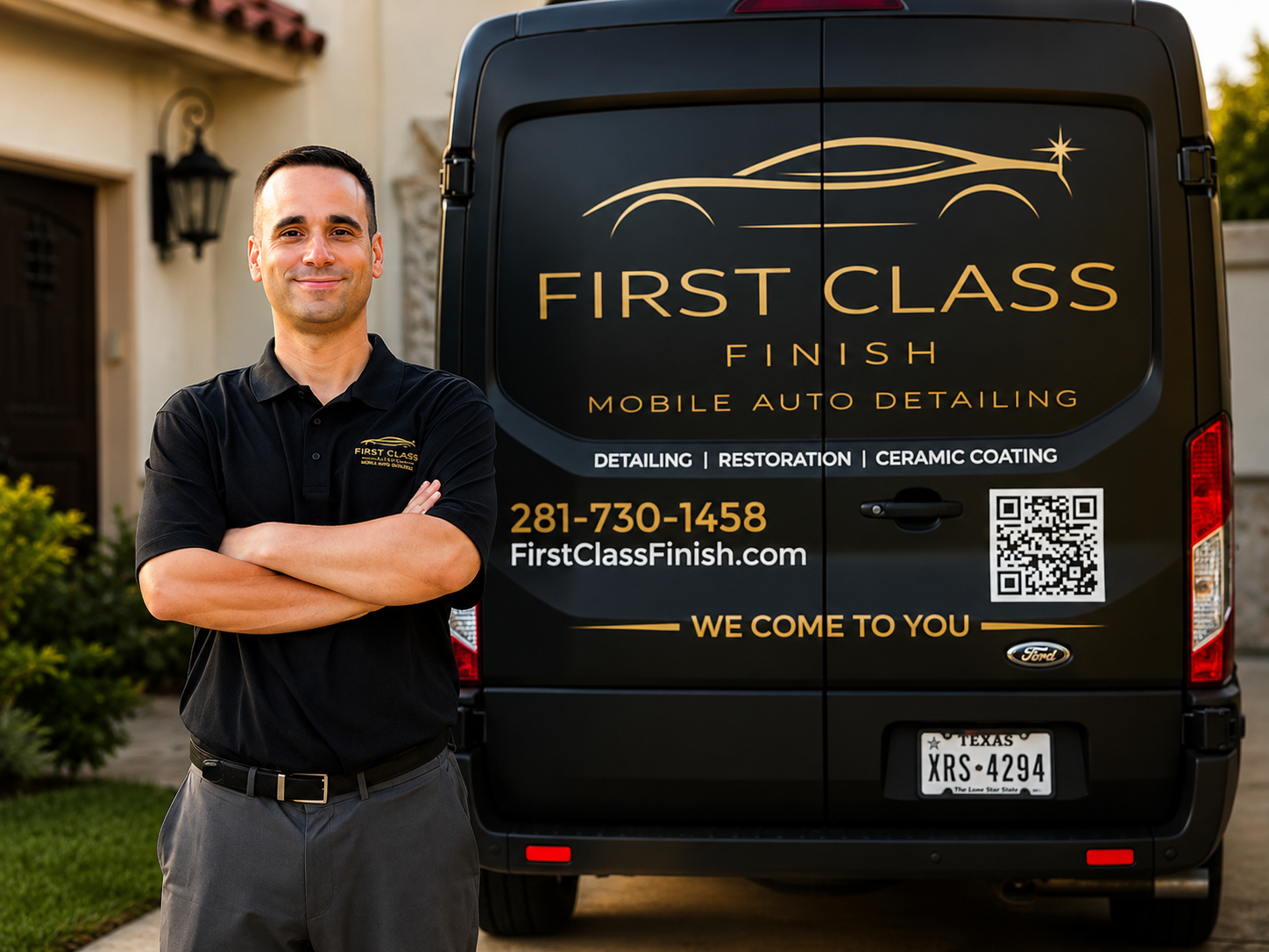 Man standing beside a branded black van for First Class Finish mobile auto detailing