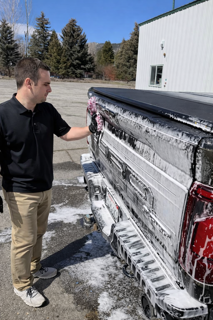 Man cleaning snow and foam off the back of a white pickup truck outdoors