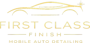 Gold logo reading “First Class Finish Mobile Auto Detailing” with a sleek car outline above.