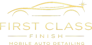Gold logo reading “First Class Finish Mobile Auto Detailing” with a sleek car outline above.