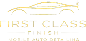 Gold logo reading “First Class Finish Mobile Auto Detailing” with a sleek car outline above.