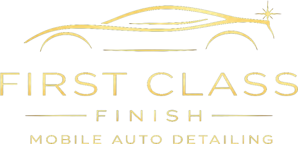 Gold logo reading “First Class Finish Mobile Auto Detailing” with a sleek car outline above.