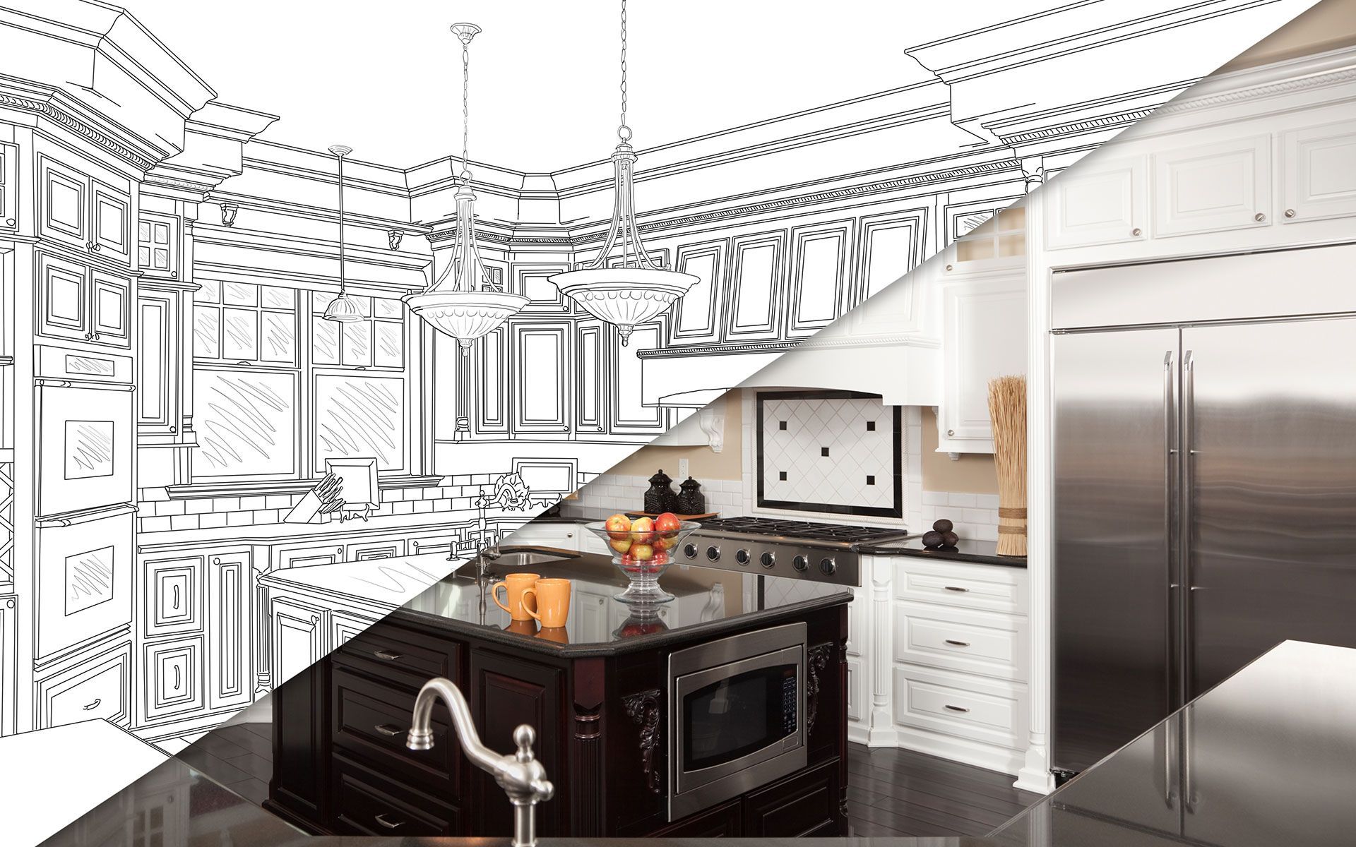 A drawing of a kitchen next to a picture of a kitchen.