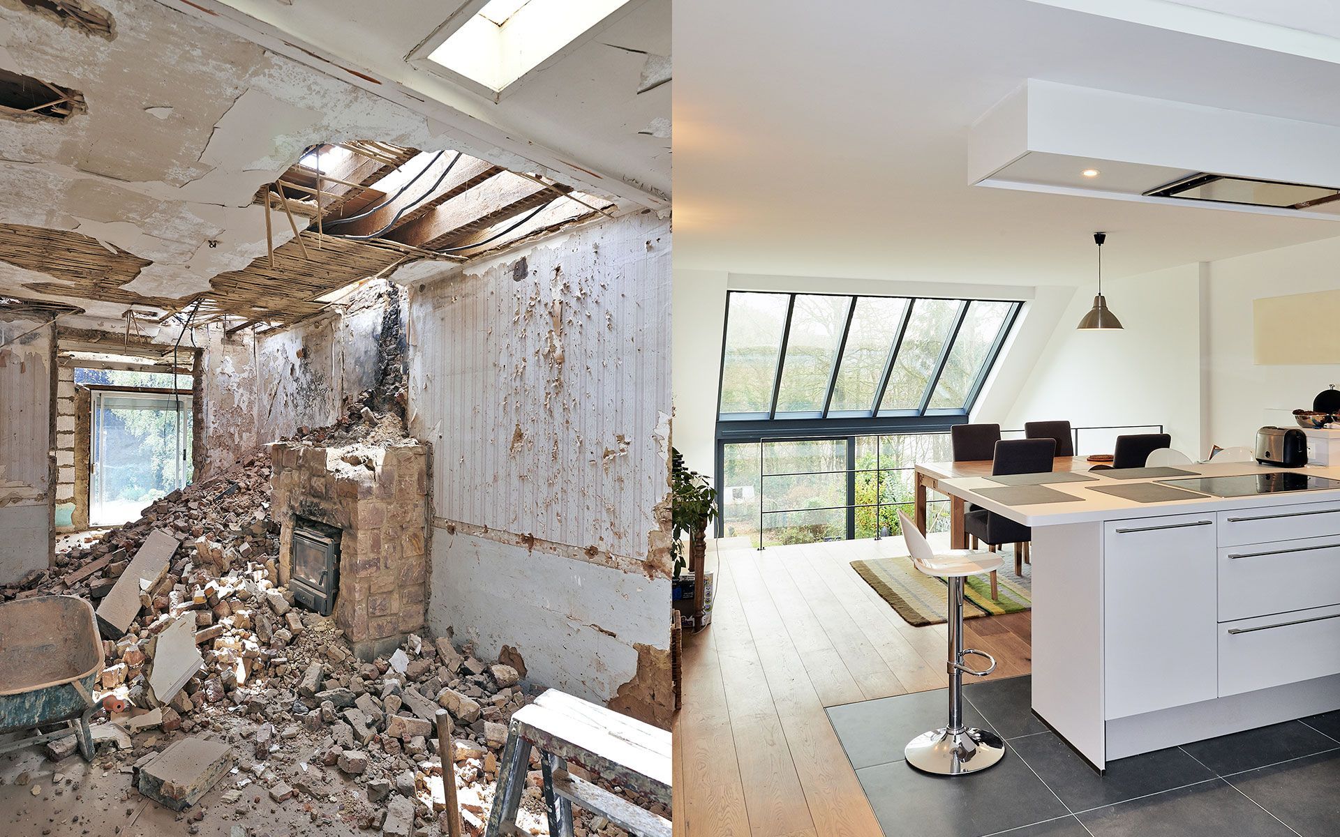 A before and after picture of a house being remodeled.