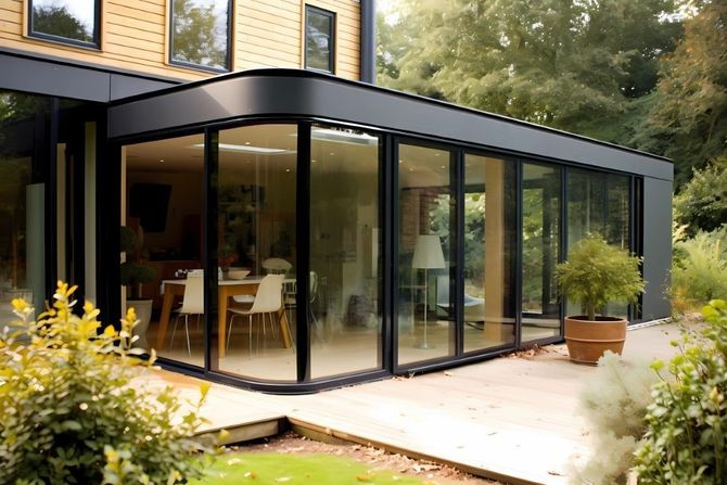 Modern glass sunroom extension with black framing beside a home and patio garden
