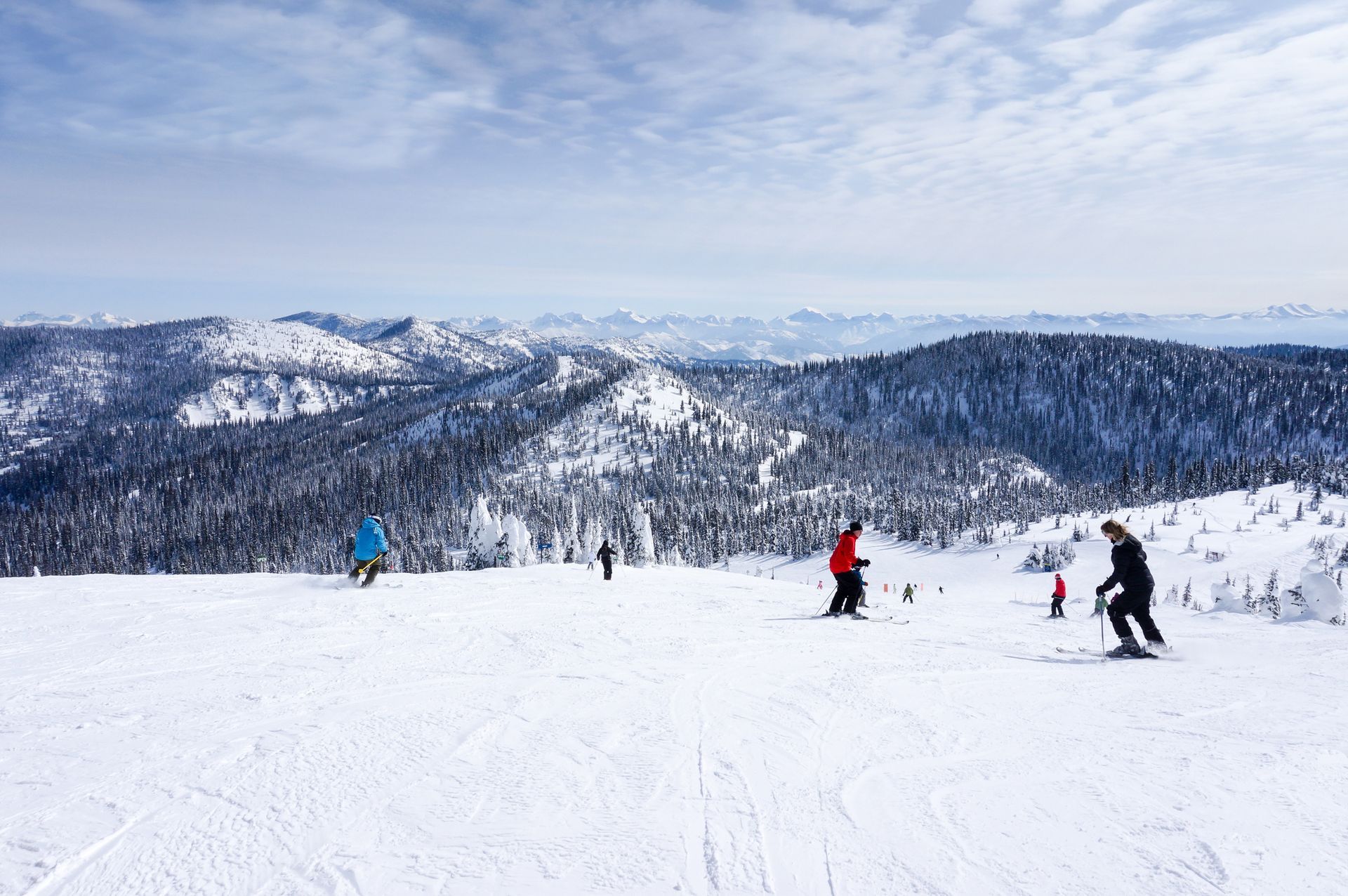 a group of people are skiing down a snow covered slope .
