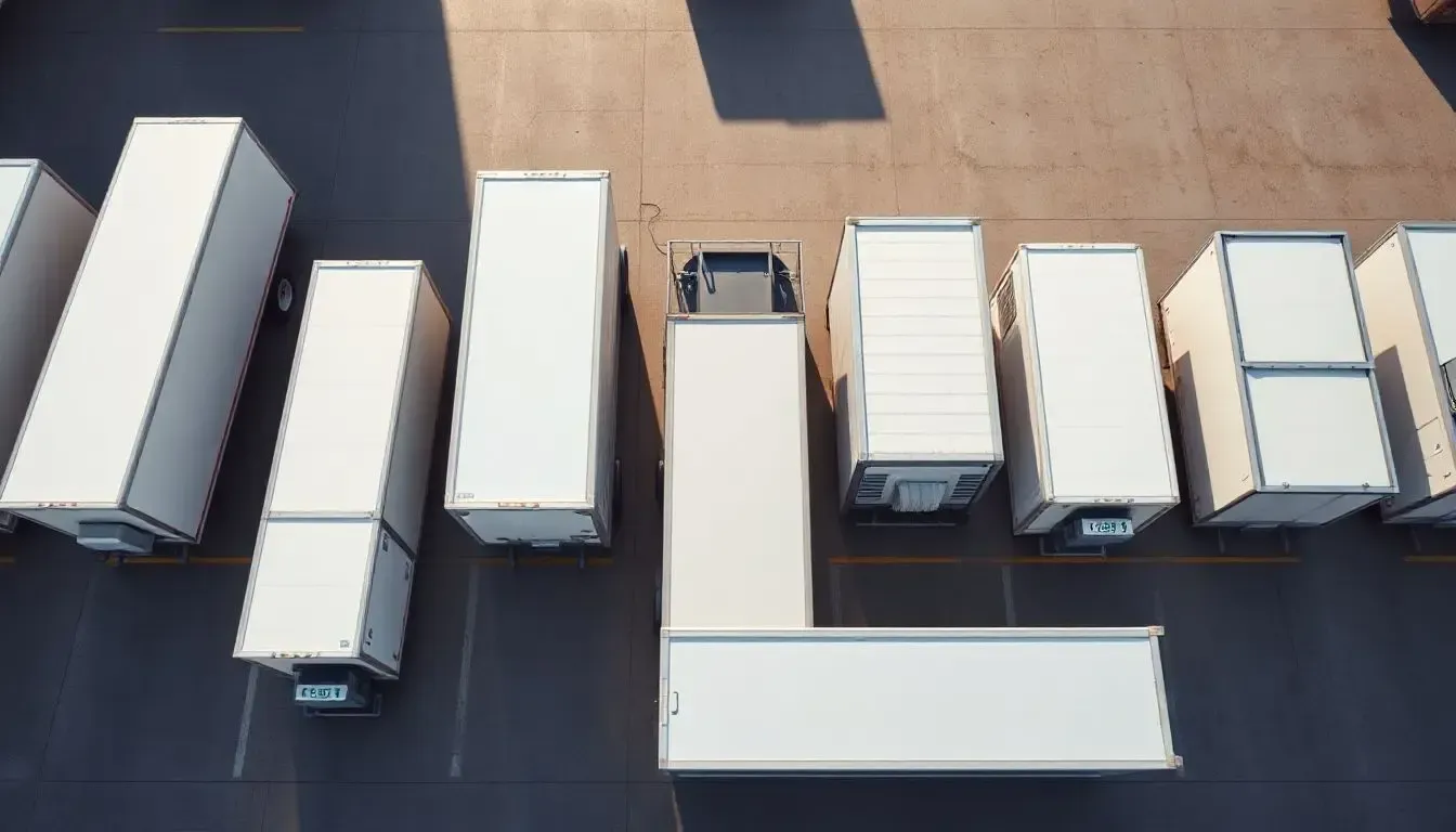 Overhead view of parked semi-truck trailers in a lot, forming a pattern against the black pavement.