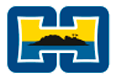 Um logotipo azul e amarelo com uma pequena ilha no meio.