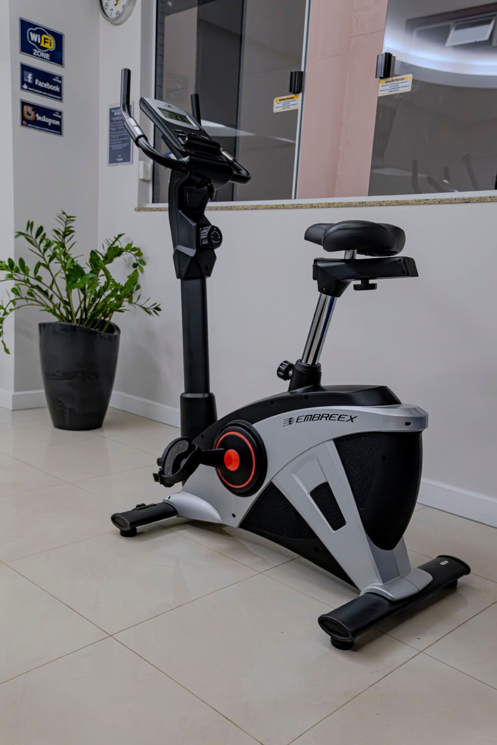 Uma bicicleta ergométrica está em uma sala ao lado de um vaso de planta.