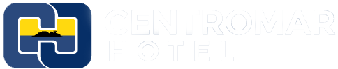 Um logotipo azul e amarelo para um hotel com uma montanha ao fundo.