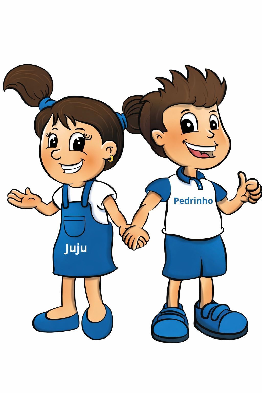 Um menino e uma menina estão de mãos dadas e fazendo sinal de positivo.