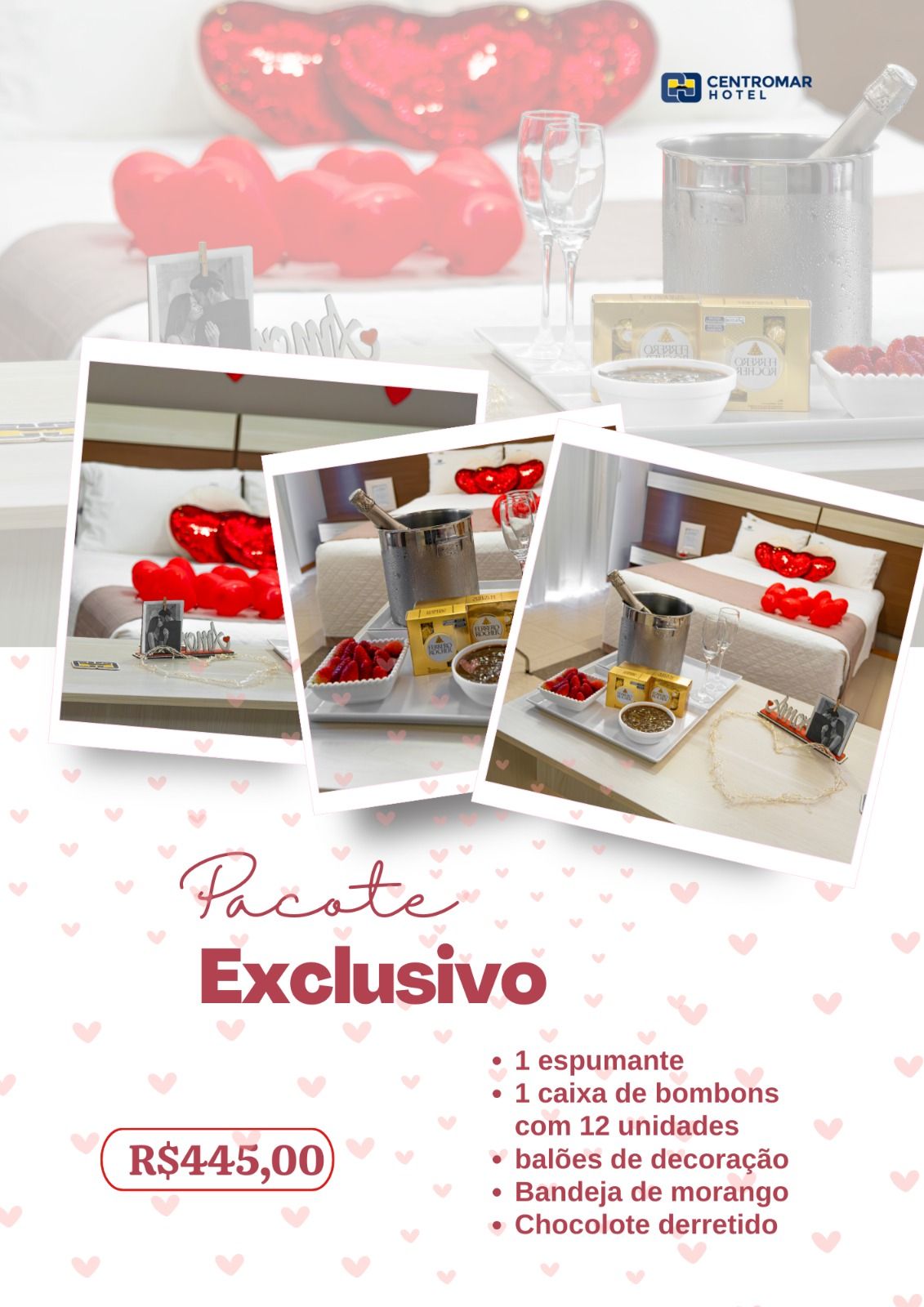 Uma colagem de fotos de um quarto de hotel com um preço de R$ 180,00