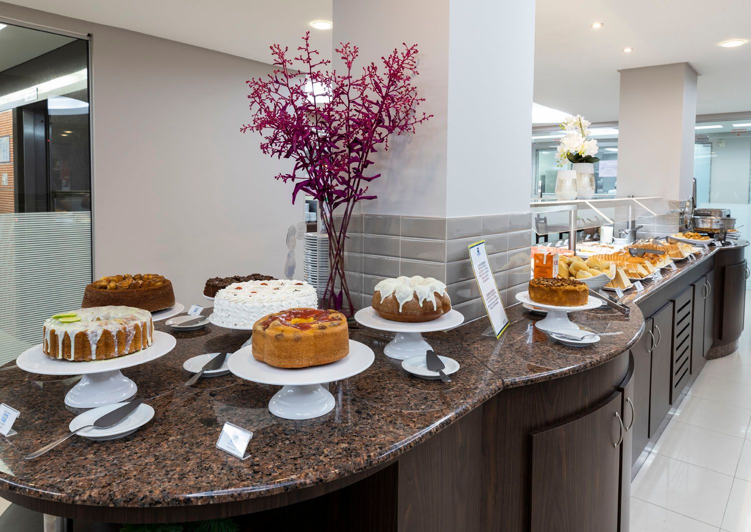 Há muitos tipos diferentes de bolos no balcão.