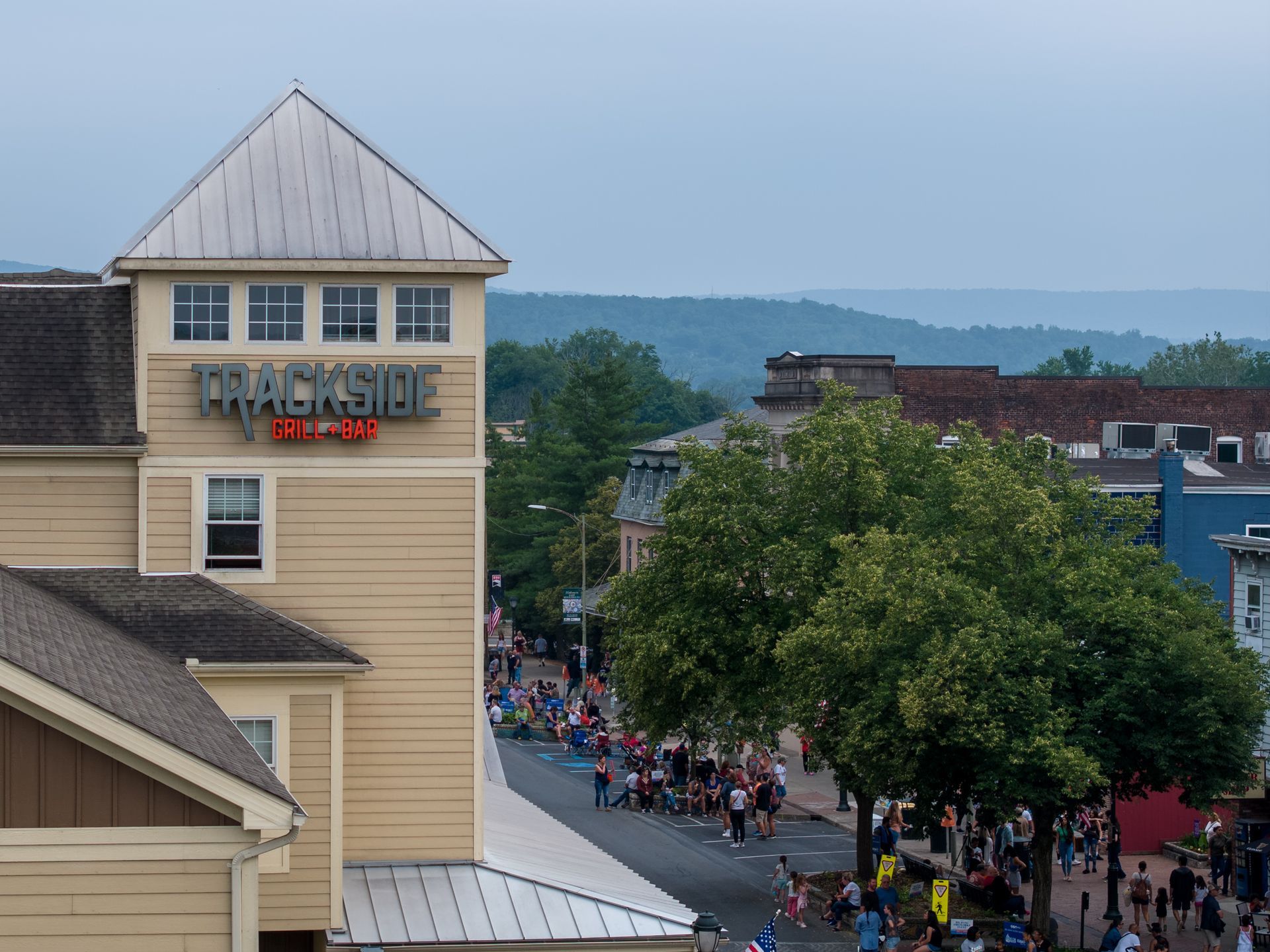 Aerial photo of Trackside Grill & Bar in downtown East Stroudsburg