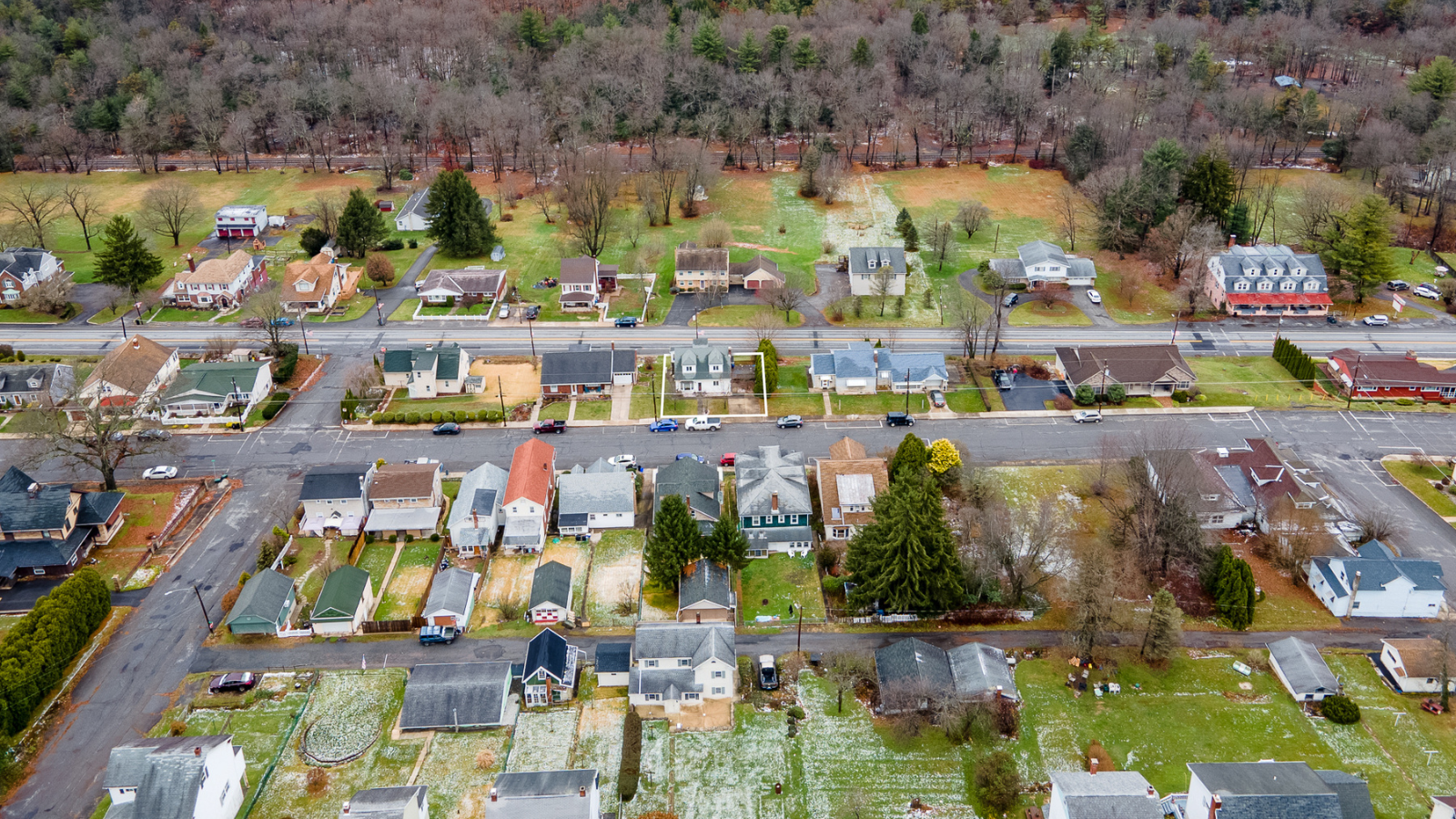 Aerial photo of neighborhood with lot line by Pocono Drone Photography