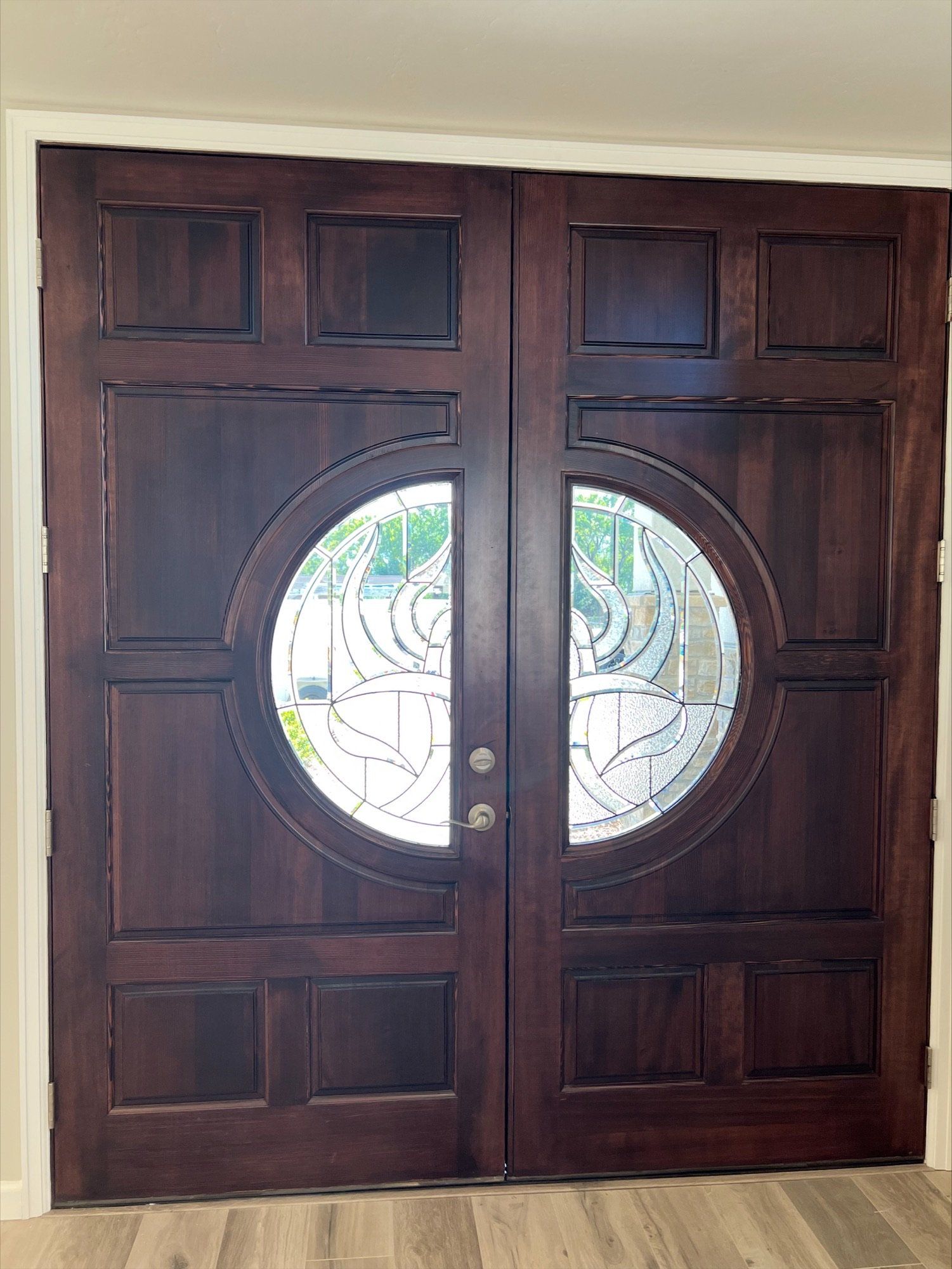 High-end wooden doors with 2 cut glass half circle windows 