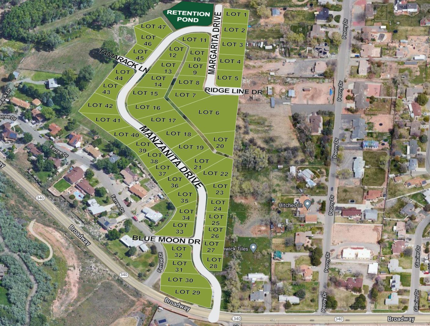 Satellite view of the lots and development at Monument Ridge Estates.