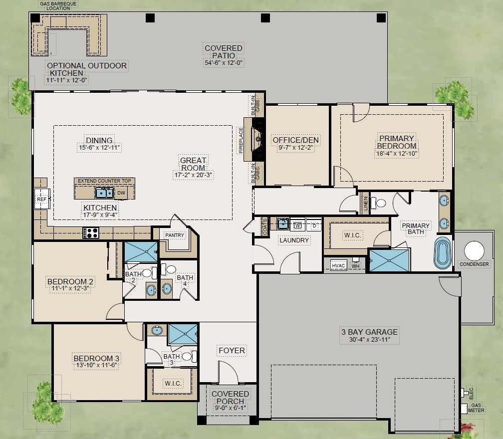 The Casa Amigo floor plan with 3 bedrooms, 4 bathrooms, an office and 3 car garage