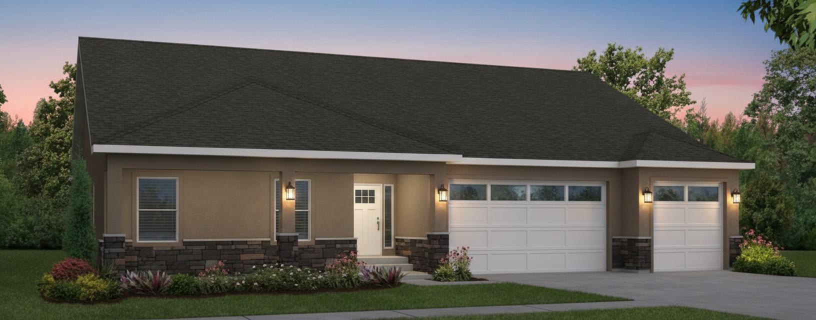 The Spruce model home exterior view at the River Stone subdivision.