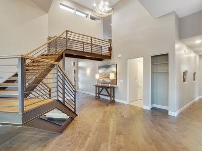 Modern metal staircase and living area