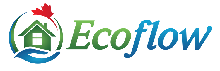 the logo for ecoflow has a house and a maple leaf on it .