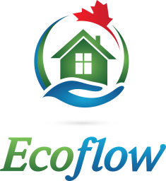 a logo for ecoflow with a house and a maple leaf