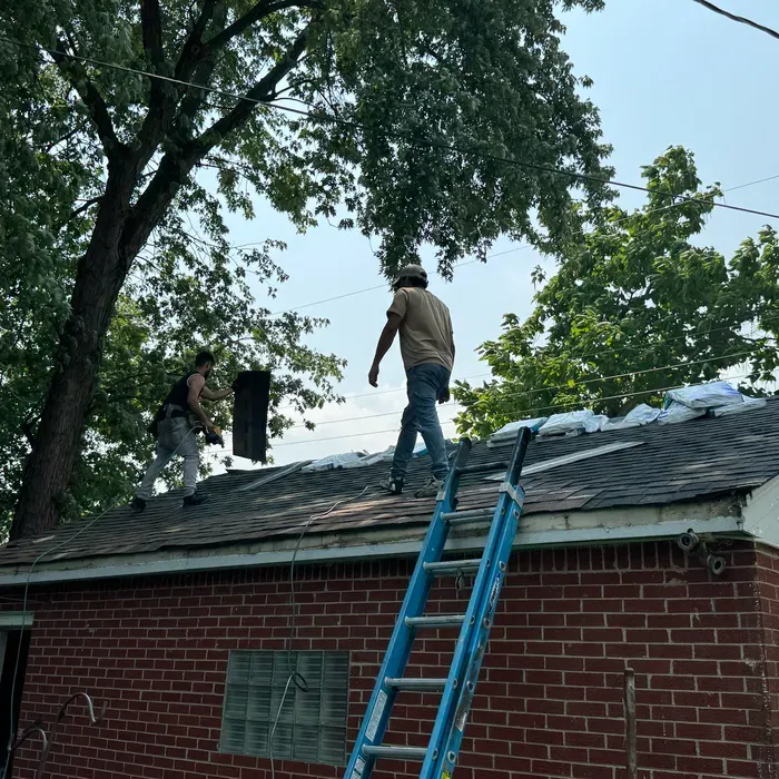 Two people on a roof removing shingles. One carries a black rectangular object. Blue ladder leans against brick building.