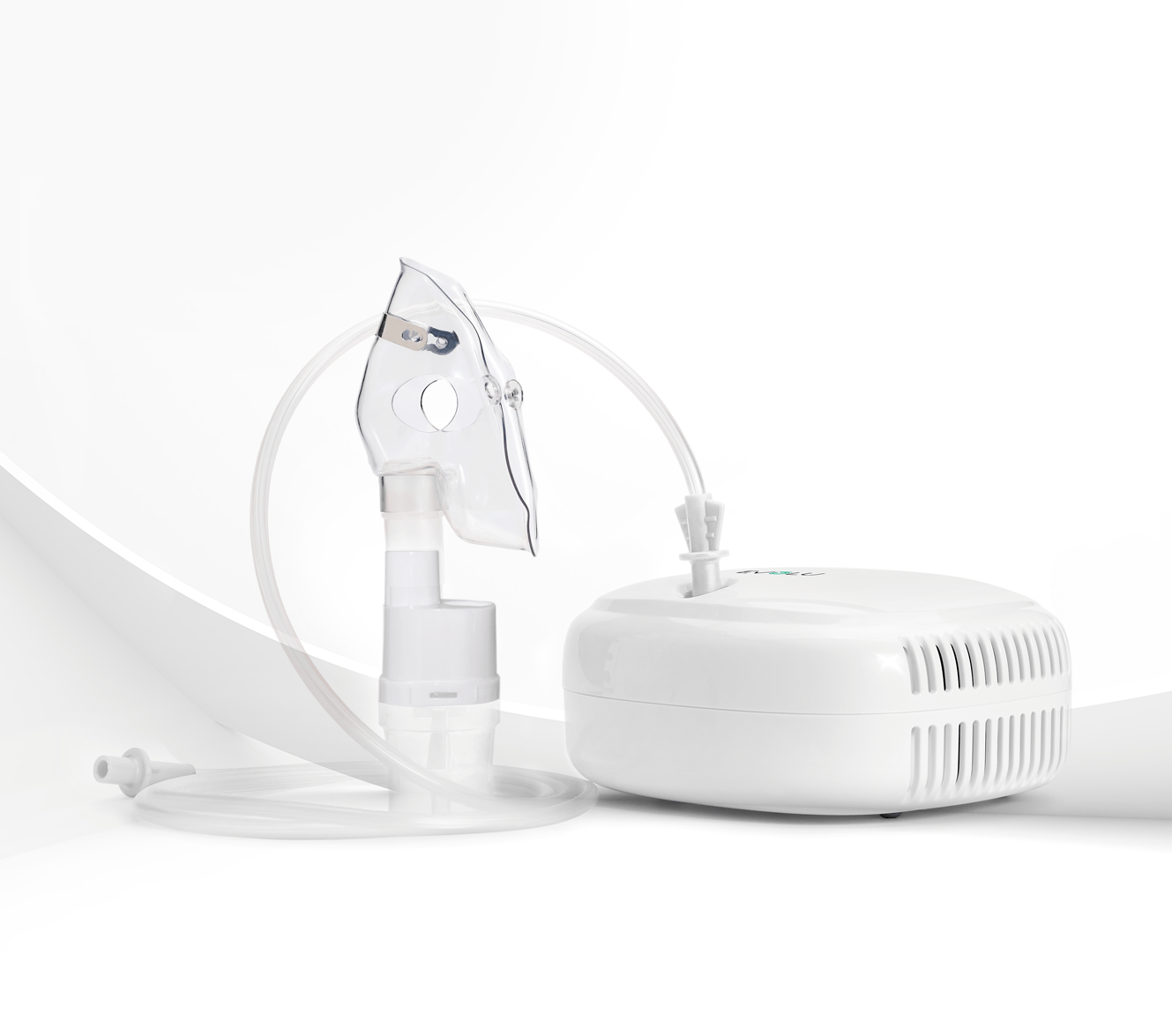 UNIVERSAL PISTON COMPRESSOR nebulizer. A white inhaler with a mask attached to it on a white background.