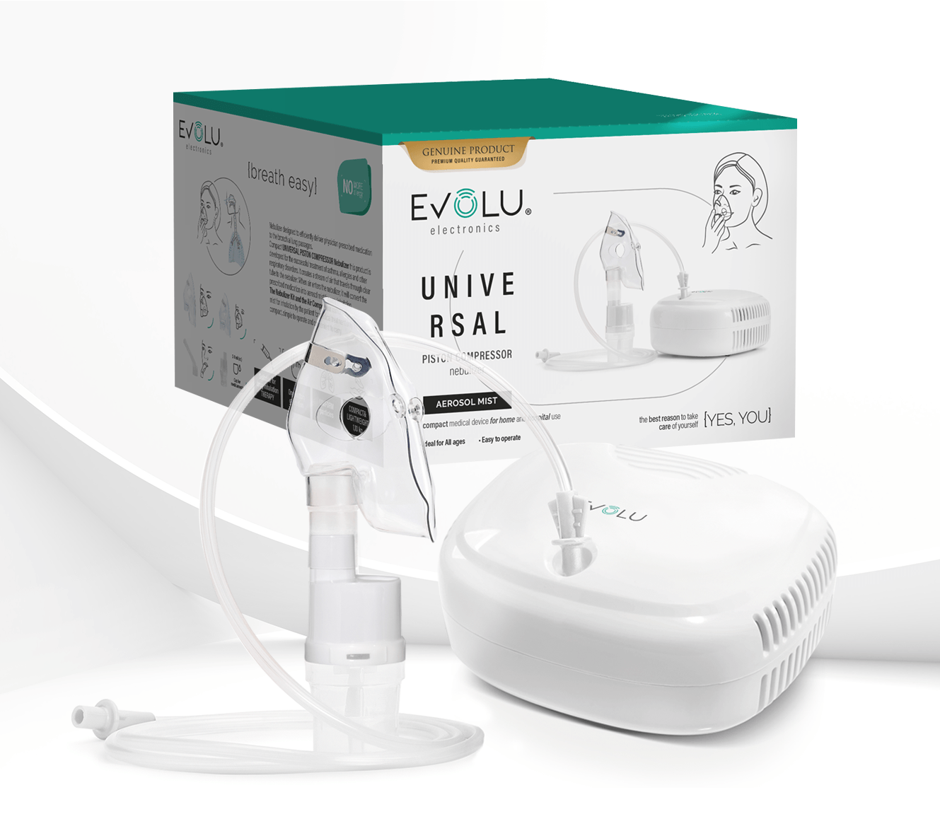 UNIVERSAL PISTON COMPRESSOR nebulizer. A white inhaler is sitting next to a box on a table.