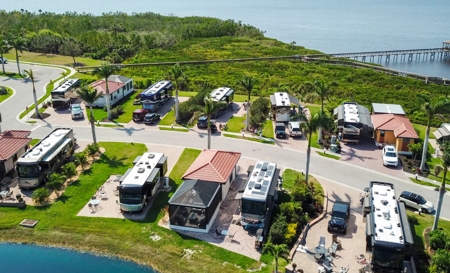 An aerial view of Myakka rv park with a bridge in the background.