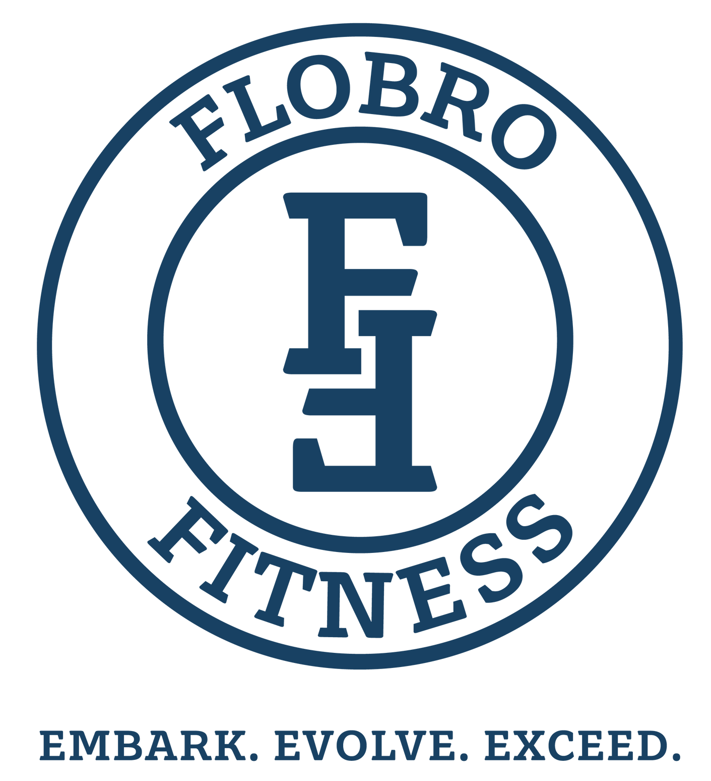 The logo for flobro fitness shows a letter f in a circle.