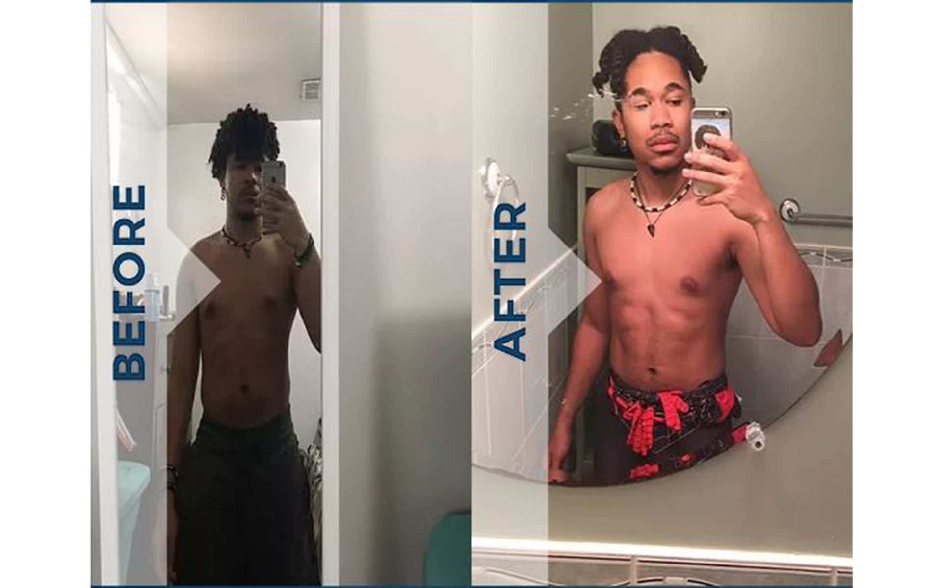 A before and after picture of a man taking a selfie in front of a mirror.