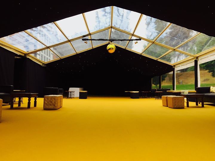 A large room with a clear roof and yellow carpet