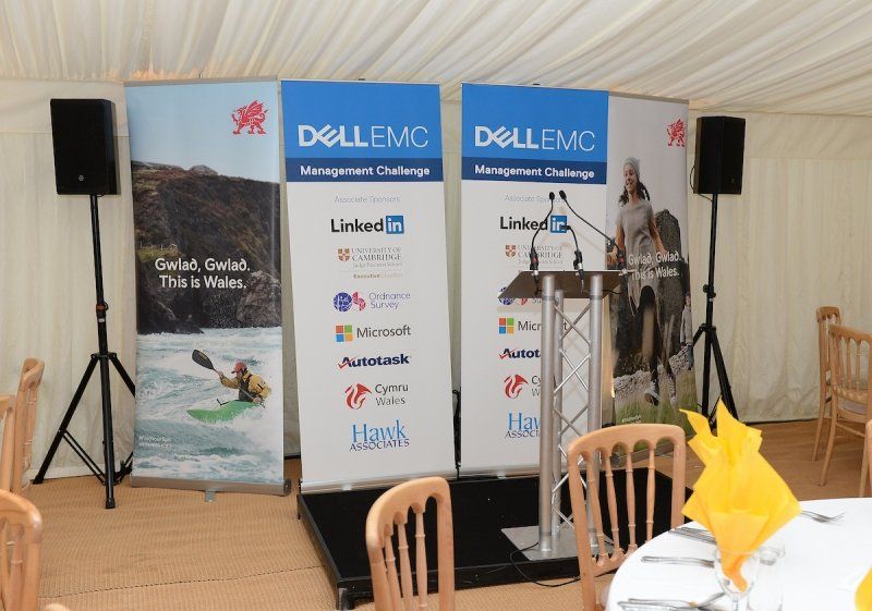 A podium with a dell emc banner behind it