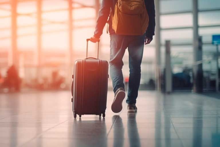 Pessoa caminhando por um aeroporto, puxando uma mala de rodinhas e carregando uma mochila. Luz solar