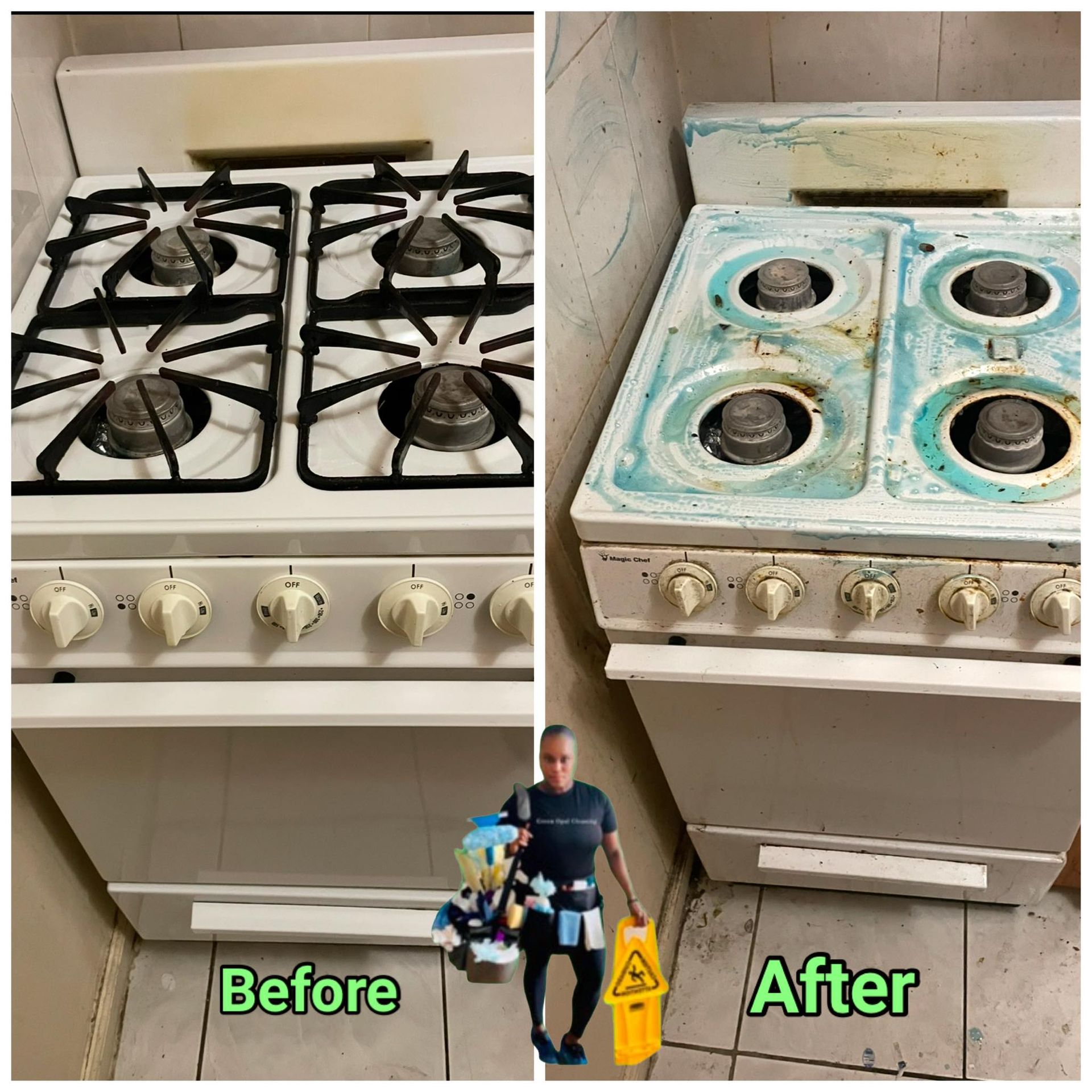 Before and after photos of a white stove, cleaned to remove heavy staining. A person holds cleaning supplies in the